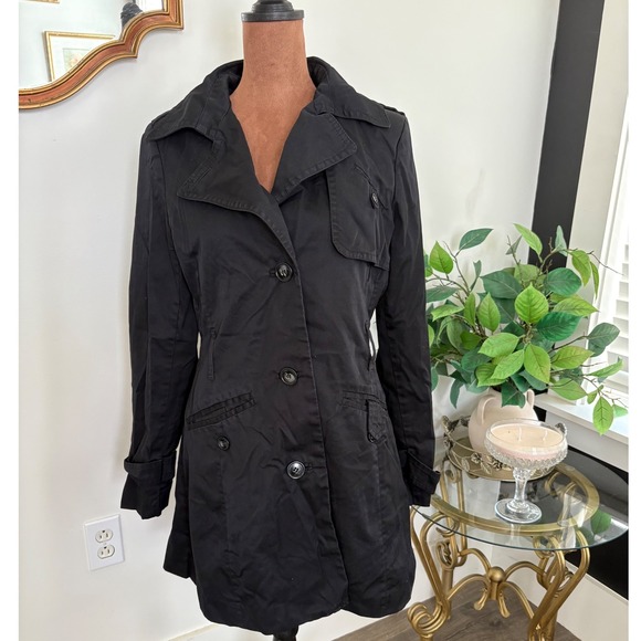 H&M Black Trench Coat Jacket Size 8 Double Breasted Pleated Back Career - Picture 1 of 8